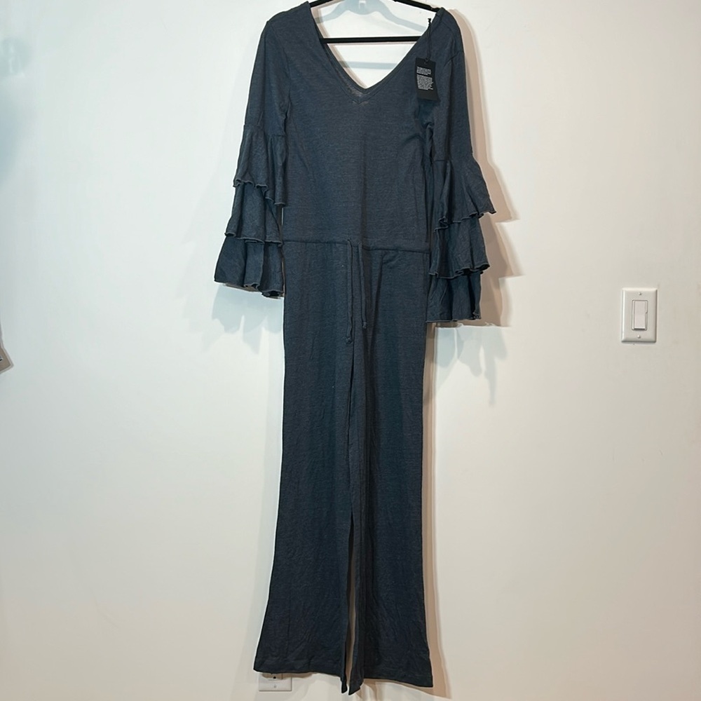 NEW CHASER X REVOLVE LONG TIER RUFFLE SLEEVE JUMPSUIT WOMENS SMALL GREY SLATE